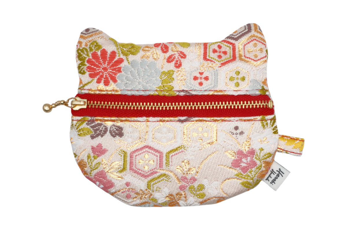 Kikko Hanabishi & Autumn Flowers Kinran Cat Coin Purse - Rounded Ears