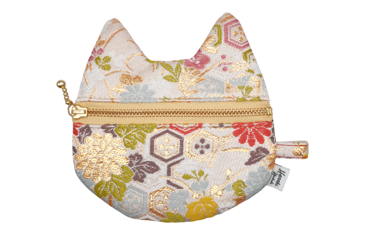 Kikko Hanabishi & Autumn Flowers Kinran Cat Coin Purse - Pointy Ears